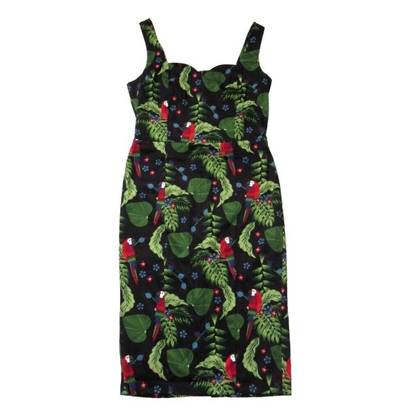 NWT Collectif Anita parrot Paradise in Black Cotton Pencil Dress L / US 10